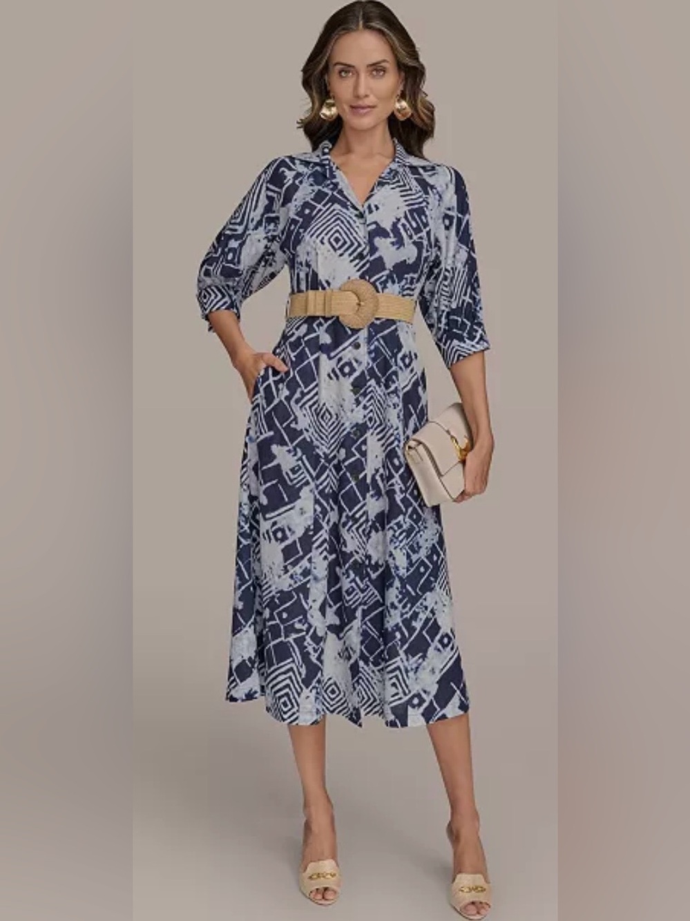 NWT Donnakaran new york Navy & Light Blue Geometric Shirt Dress with Belt 18w
